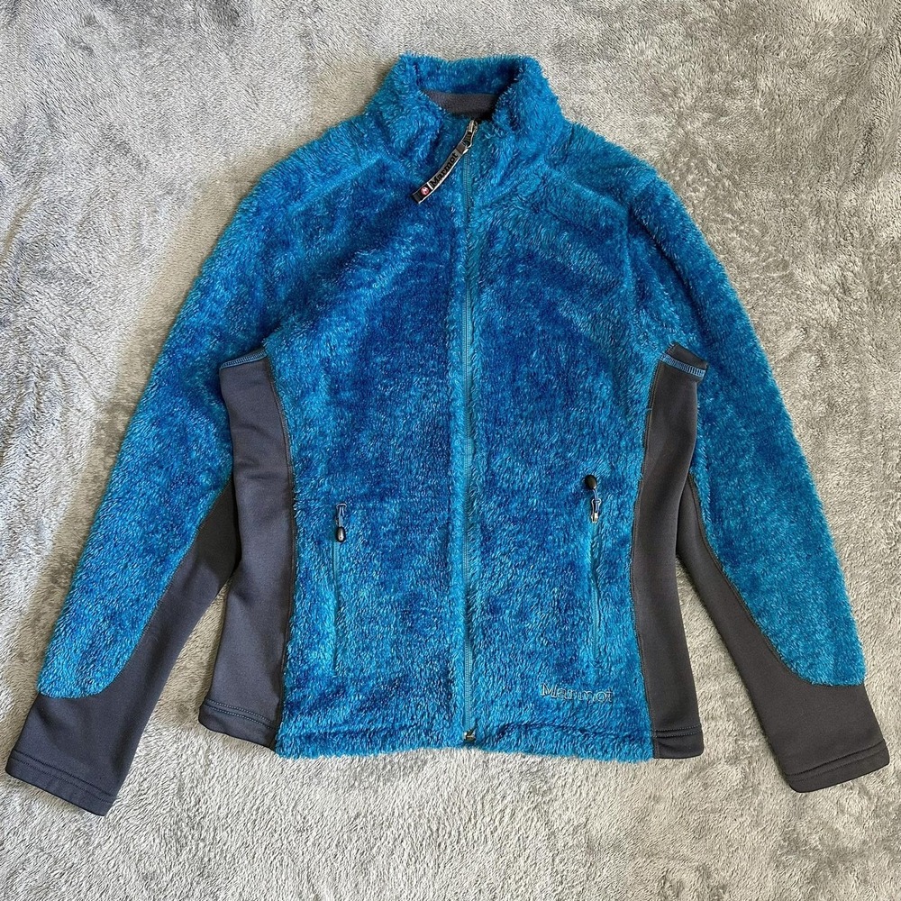 Marmot High Pile Fleece Jacket Womens M Blue Full Zip Mock Neck Hiking Outdoor
